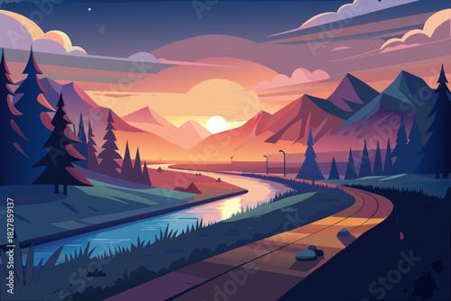 Stylized mountain landscape with winding river and road at sunset twilight evening