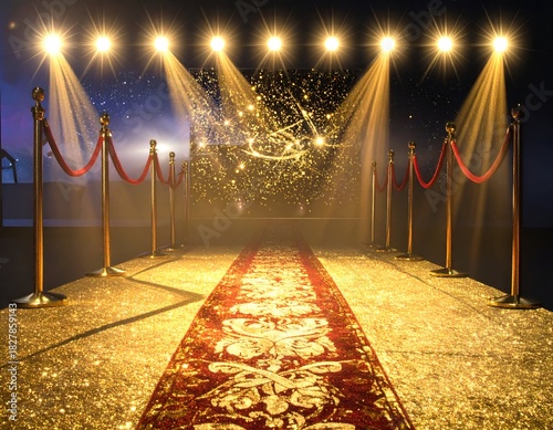 A red carpet runway under spotlight, leading to a glowing stage with golden confetti