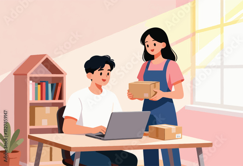 A couple is in a cozy room. One works on a laptop, while the other offers a package. There's a shelf and window