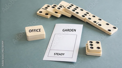 Dominoes arranged with office, garden, and steady on paper