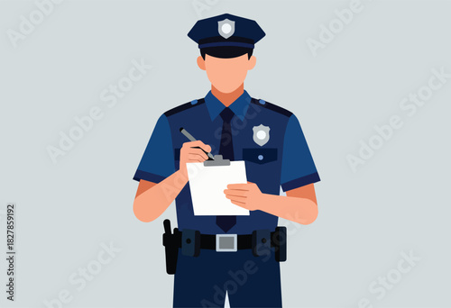 Illustration depicts a faceless police officer in uniform writing on a clipboard, against a neutral backdrop