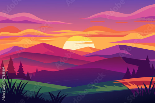 Stylized mountain range at sunset with pine trees and colorful sky sunrise landscape
