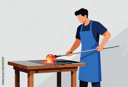 A craftsman in a blue apron works with molten glass, glowing on a table. The scene is set with neutral tones