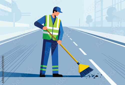 A street cleaner, in uniform with a high-vis vest, sweeps debris on a road. Buildings are in the blurred background