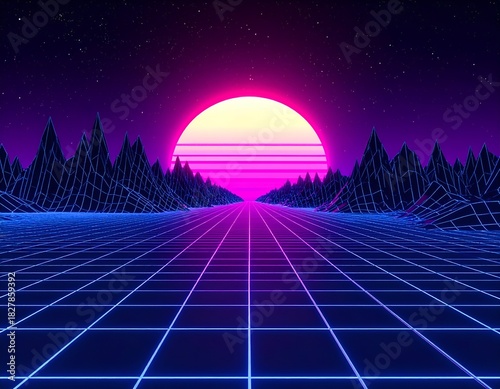 A retro, geometric landscape featuring a vibrant sun setting over mountainous silhouettes