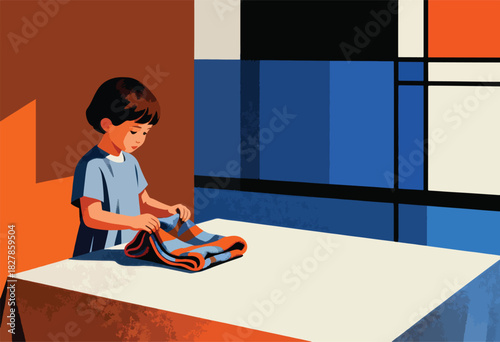 A young child folds a colorful blanket on a table against a backdrop of bold, geometric shapes
