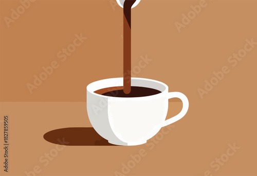 A white mug is being filled with brown liquid against a brown background, creating a shadow