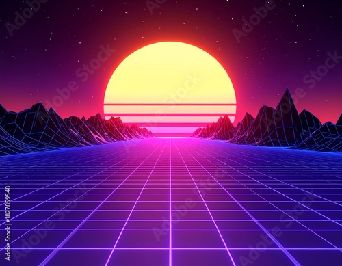 A retro-futuristic landscape featuring a grid, mountains, sun, and stars in vivid colors