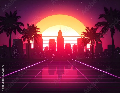 A retro-style cityscape at dusk, with palm trees, grid lines, and a vibrant sunset