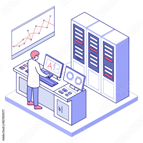 Isometric illustration of a data scientist working at a server room