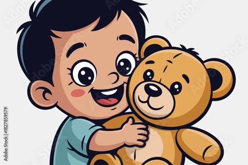 A happy cartoon child with dark hair smiles, hugging a brown teddy bear. Illustration features bright colors and a cheerful vibe