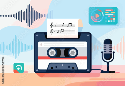 A retro cassette tape with musical notes, waveform, microphone, and audio interface in a flat design illustration