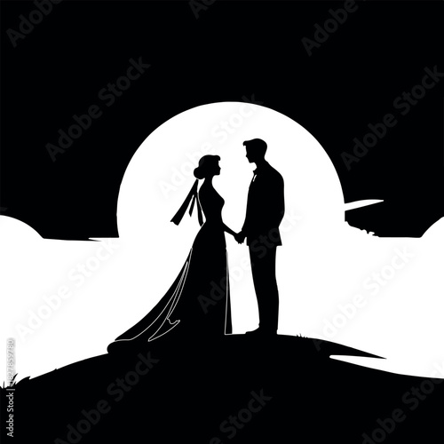 Silhouette of a bridal couple standing on a hilltop with a dramatic sky in the background