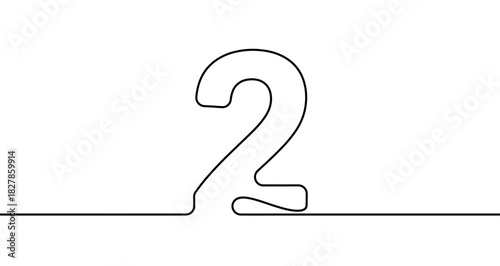 Number two ("2") drawn with one continuous line. Black outline illustration isolated on white background. Vector illustration.
