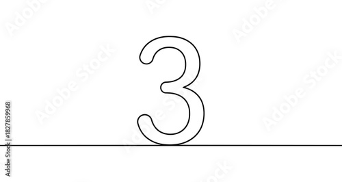 Number three ("3") drawn with one continuous line. Black outline illustration isolated on white background. Vector illustration.