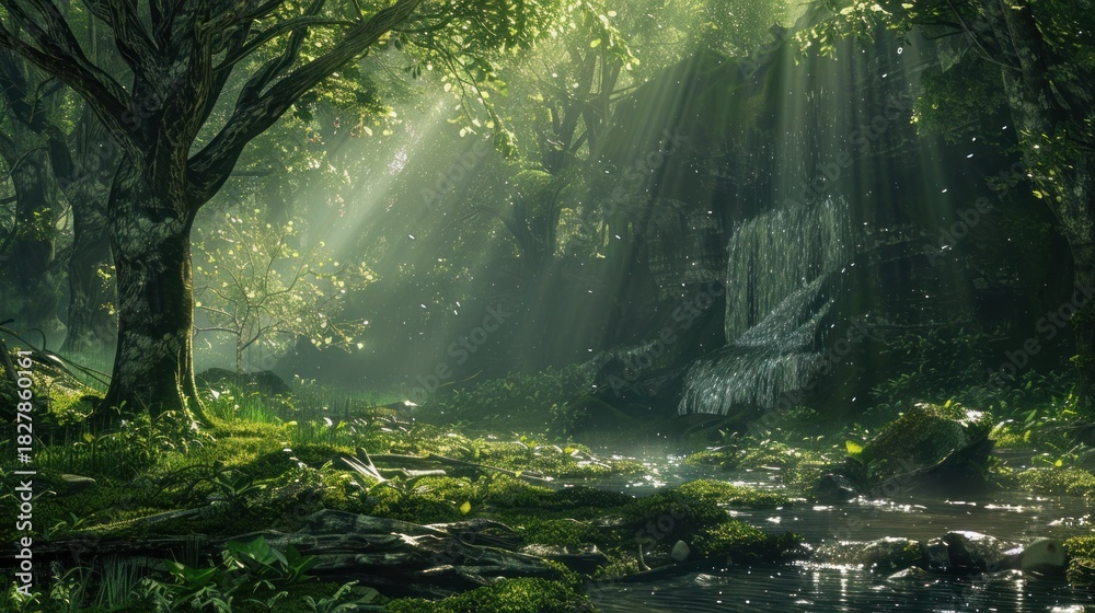 Fototapeta premium Lush forest landscape with sunlight streaming through trees and water
