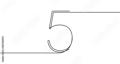 Number five ("5") drawn with one continuous line. Black outline illustration isolated on white background. Vector illustration.