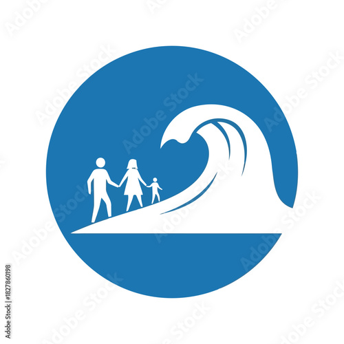Family escaping tsunami wave   disaster protection icon Vector