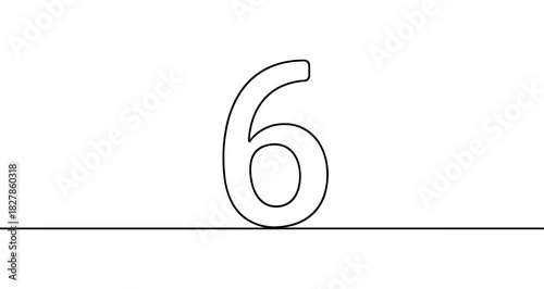 Number six ("6") drawn with one continuous line. Black outline illustration isolated on white background. Vector illustration.
