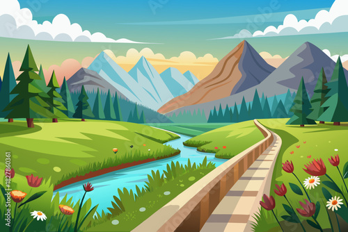 Vibrant cartoon landscape with winding river and mountains nature illustration