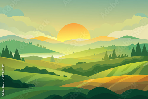 Vibrant sunrise over rolling green hills and distant misty mountains valleys landscape