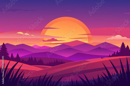 Vibrant Sunset Over Rolling Hills and Jagged Mountains in Flat Design Style sunrise landscape