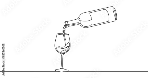Wine icon. Black bottle pouring wine into a glass, written in one continuous line. Vector illustration of drink and celebration