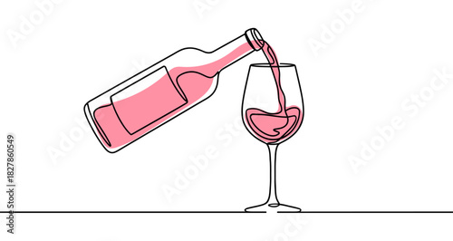 Wine icon. Colored wine pouring from a bottle into a glass, written in one continuous line. Vector illustration
