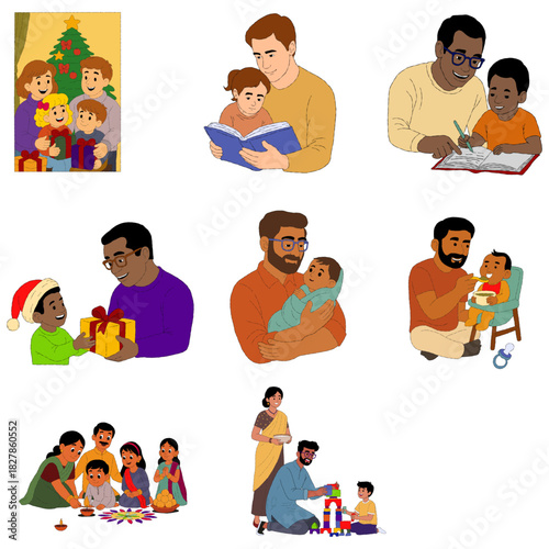 Collection of happy loving parent relax enjoy time with small child. caring mother or father play rest with little teen children. Good parenthood and family relation.