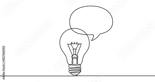 Light bulb icon. Black light bulb with a speech bubble, written in one continuous line. Vector illustration of idea and communication