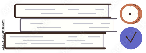 Three stacked books with a clock and a checkmark nearby, representing learning, time management, organization, and achievement. Ideal for education, productivity, planning, deadlines study