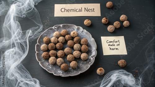 Dried pigment balls clustered on a plate against a dark surface
