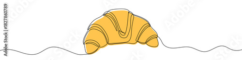 Colorful croissant in one line art style. Drawing of a pastry with yellow fill with editable black stroke on a white background. Vector illustration.