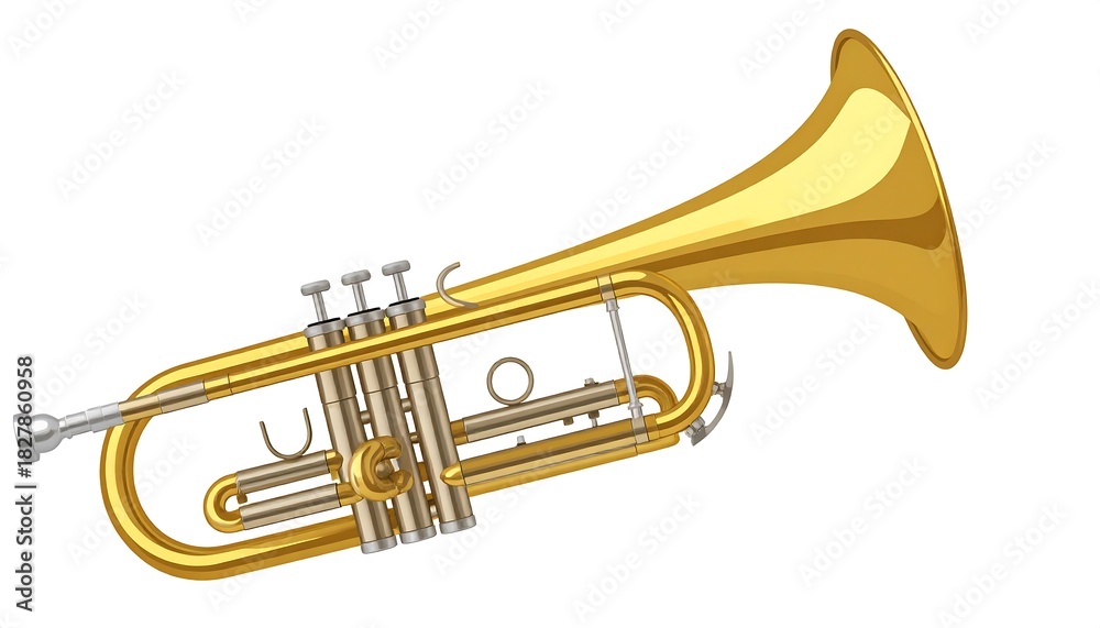 Fototapeta premium A shiny, golden brass instrument depicted at a slight angle. It has valves, a mouthpiece, and a flared bell