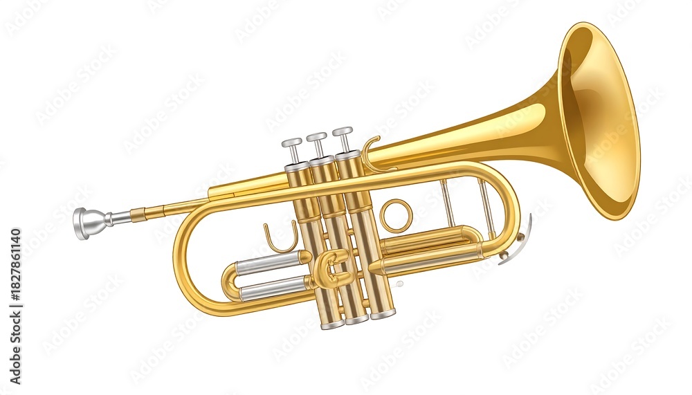 Fototapeta premium A shiny, golden brass instrument, viewed from a slightly angled perspective. It's rendered with a smooth, reflective surface against white