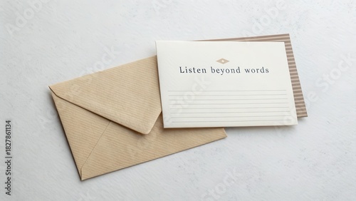 Flat lay of folded cards and envelope with a quote