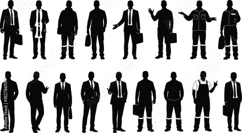 Professional Businessmen and Industrial Workers Silhouette Vector Set: Diverse Occupations, Full-Length Figures, Men in Suits and Uniforms, Career, Job, Employment, Teamwork, and Workforce Concept.