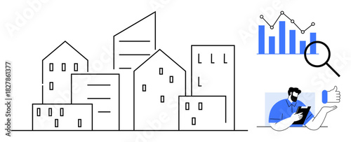 City skyline, bar graphs with magnifier, and person on tablet celebrating success. Ideal for business growth, urban planning, marketing, data insights, real estate, efficiency simple flat metaphor