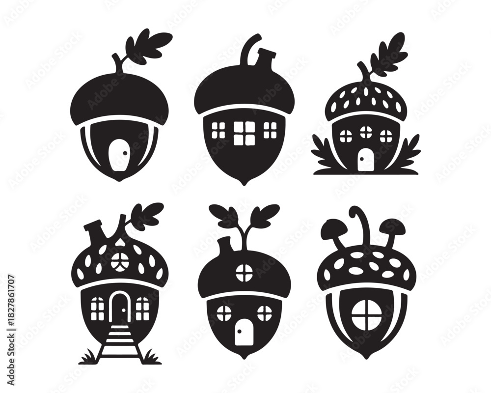 Obraz premium Acorn Fairy House with lantern Silhouette Vector illustration design set collection, fairy lantern vector, whimsical acorn house illustration, magical forest silhouette, enchanted fairy home vector, 