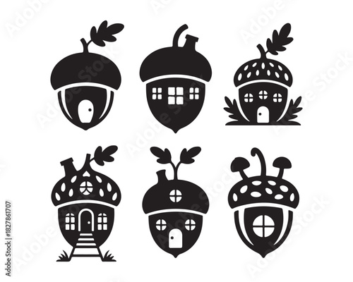 Acorn Fairy House with lantern Silhouette Vector illustration design set collection, fairy lantern vector, whimsical acorn house illustration, magical forest silhouette, enchanted fairy home vector, 