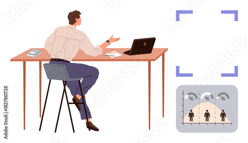 Man sitting at desk with laptop discussing data insights, demographic chart with percentages. Ideal for data analysis, feedback, workplace, statistics, decision making, presentation, simple flat