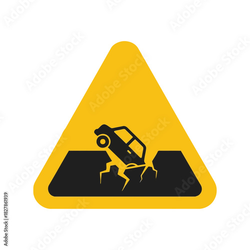 Road hazard warning sign: car falling into pothole icon Vector