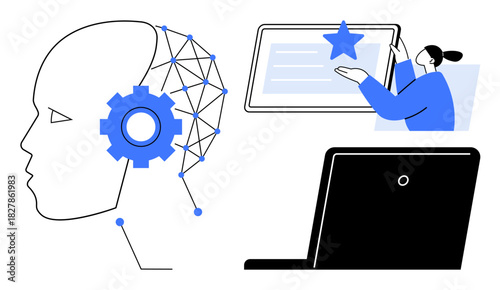 Human head with circuits and gears, user interacting with a tablet, and laptop. Ideal for AI, technology, innovation, digital learning, user interface design automation creativity. A simple flat