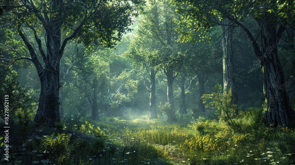 Fototapeta premium Lush forest scene dense trees and foliage illuminated by sunlight