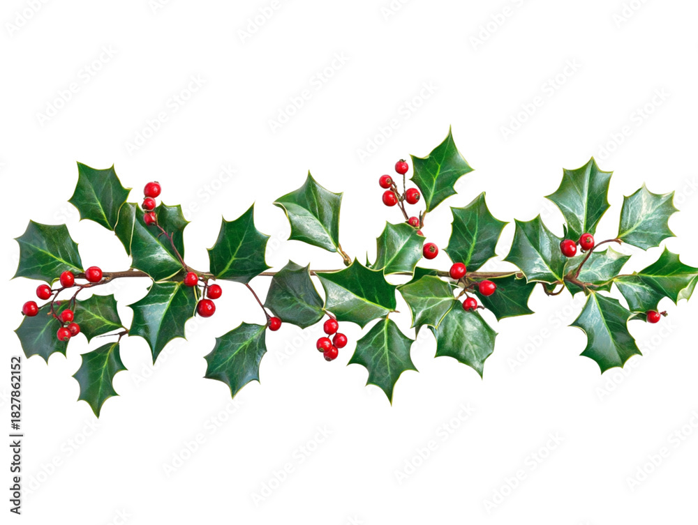 Fototapeta premium Fresh Christmas Holly Berry Garland Sprig Isolated PNG