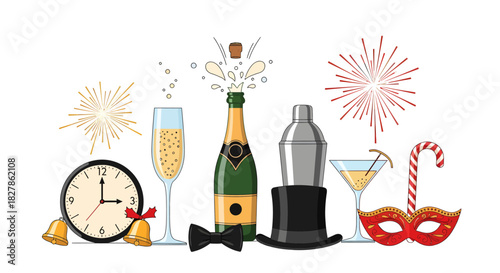 New Year's Eve Celebration Festive Icons of Champagne, Clock, and Party Elements