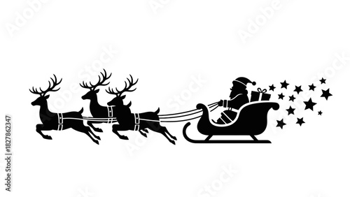 Black silhouette of Santa Claus in his sleigh being pulled by three reindeer with a trail of stars.