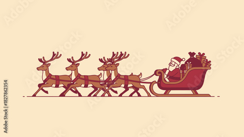 Santa Claus riding in his red sleigh pulled by four brown reindeer across a light background, ready for Christmas delivery.