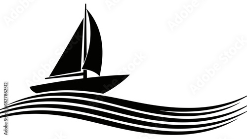 A stylized black and white illustration of a sailboat gliding across wavy water.