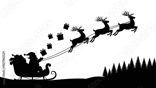 Silhouette of Santa Claus in his sleigh pulled by flying reindeer with presents falling out over a forest.